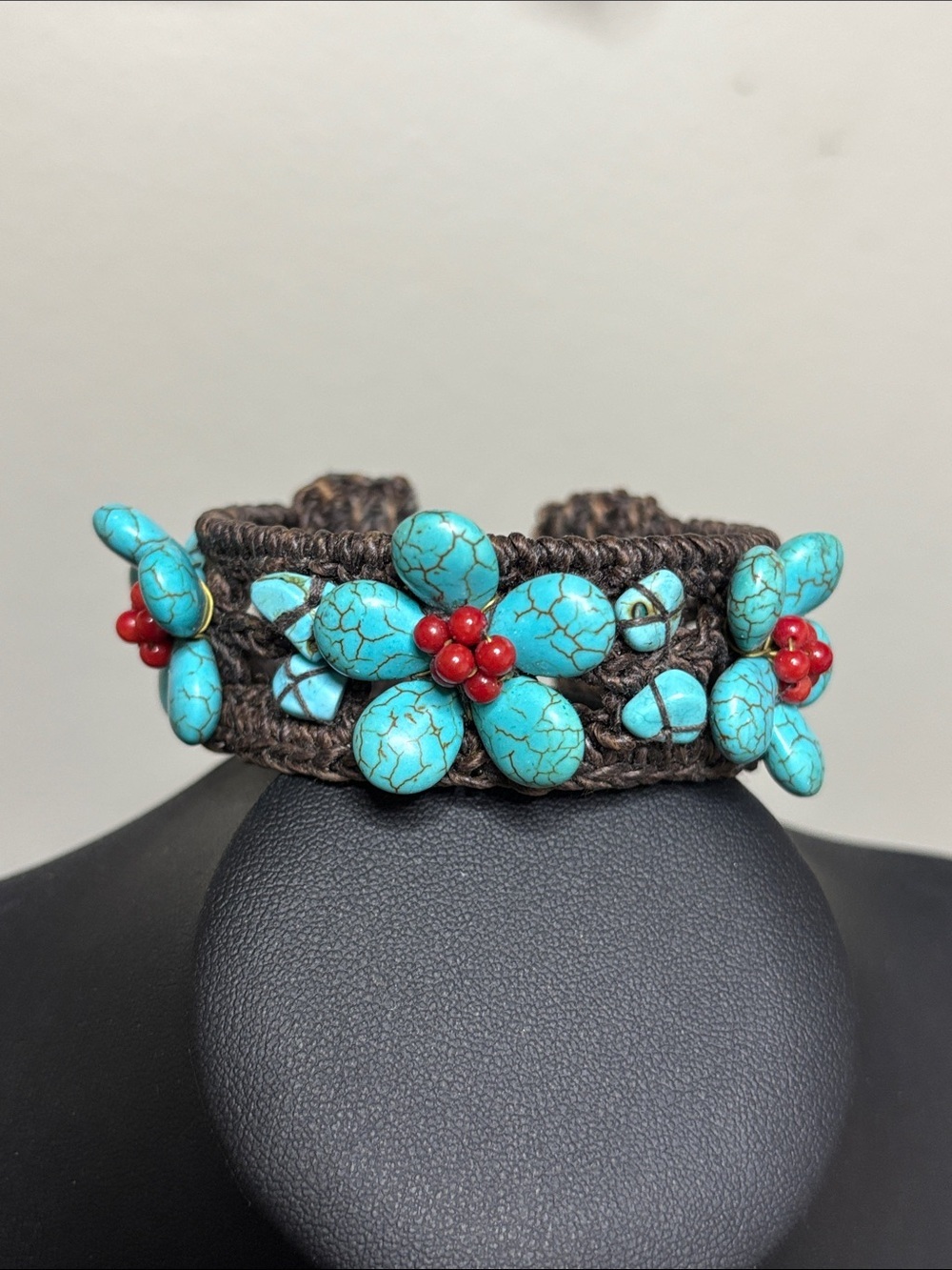 Boho Western Turquoise Floral Beaded Bracelet - Brown Macramé